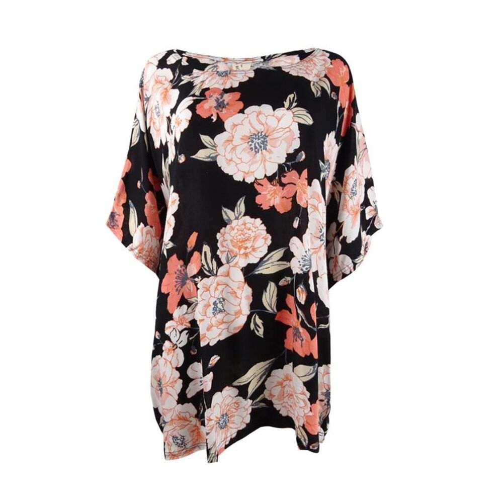 Roxy Black Floral Swim Coverup with Coral and Cream Flowers